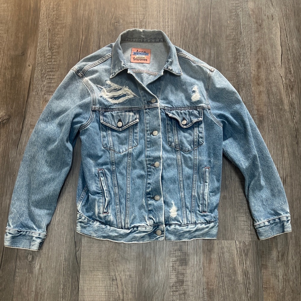 Acne Studios Bla Konst 2000 Blue Patched Up Distressed Denim Jacket IT 32